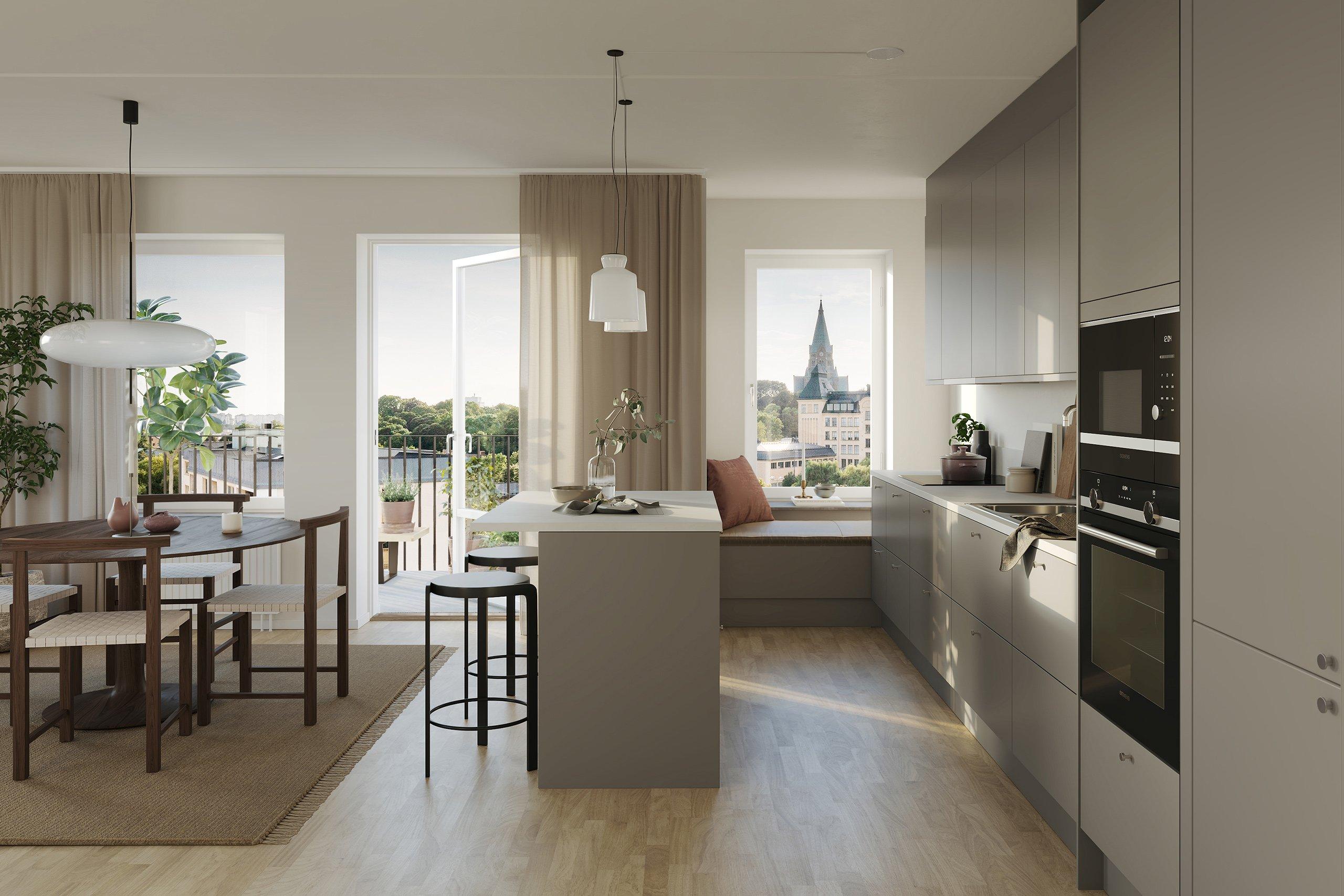 Det välplanerade köket har ett tidlöst uttryck med släta luckor, stenkompositskiva och helintegrerade vitvaror. Köksö ingår.