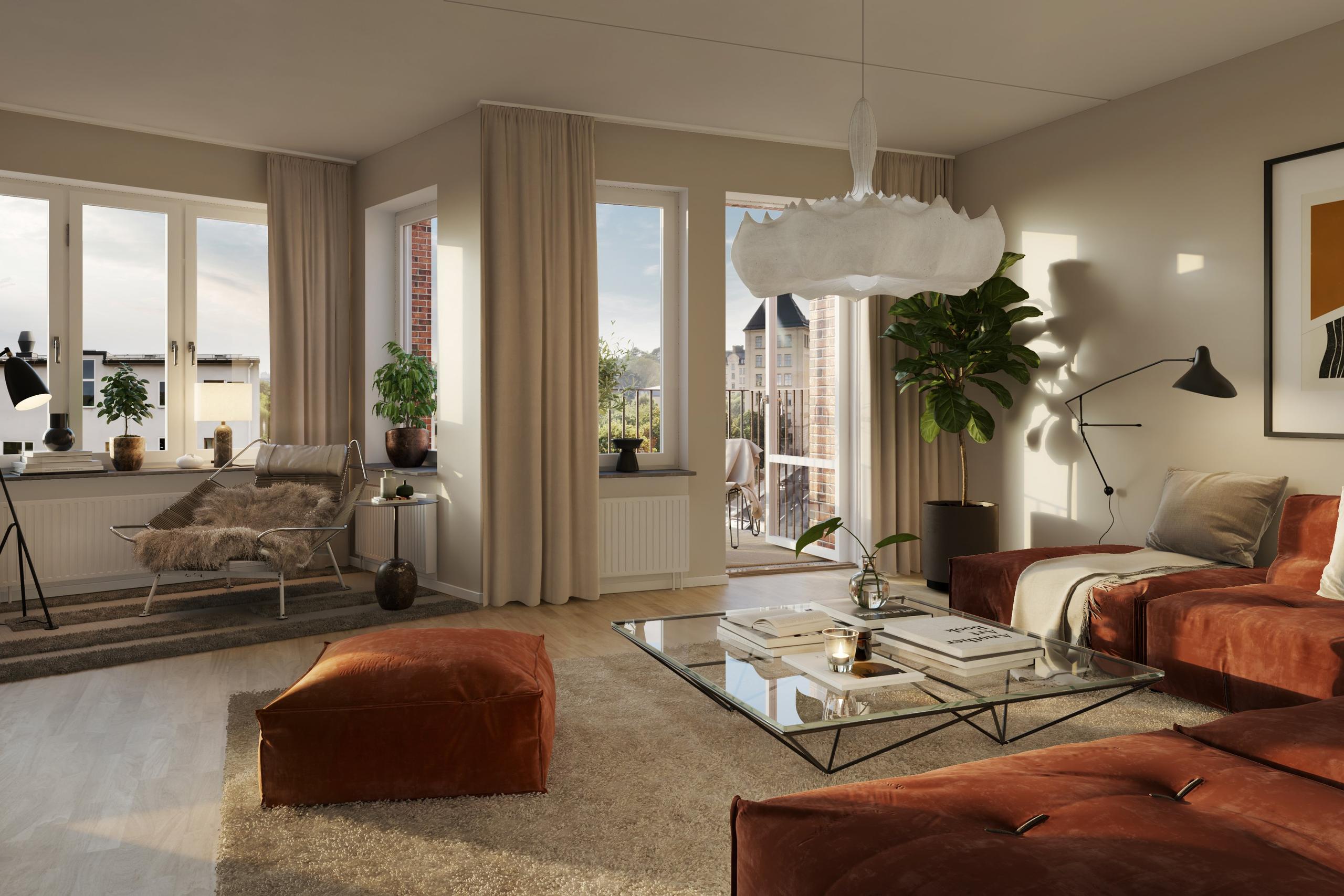 Här bjuds på ett fint öppet samband mellan kök och vardagsrum (visionsbild).