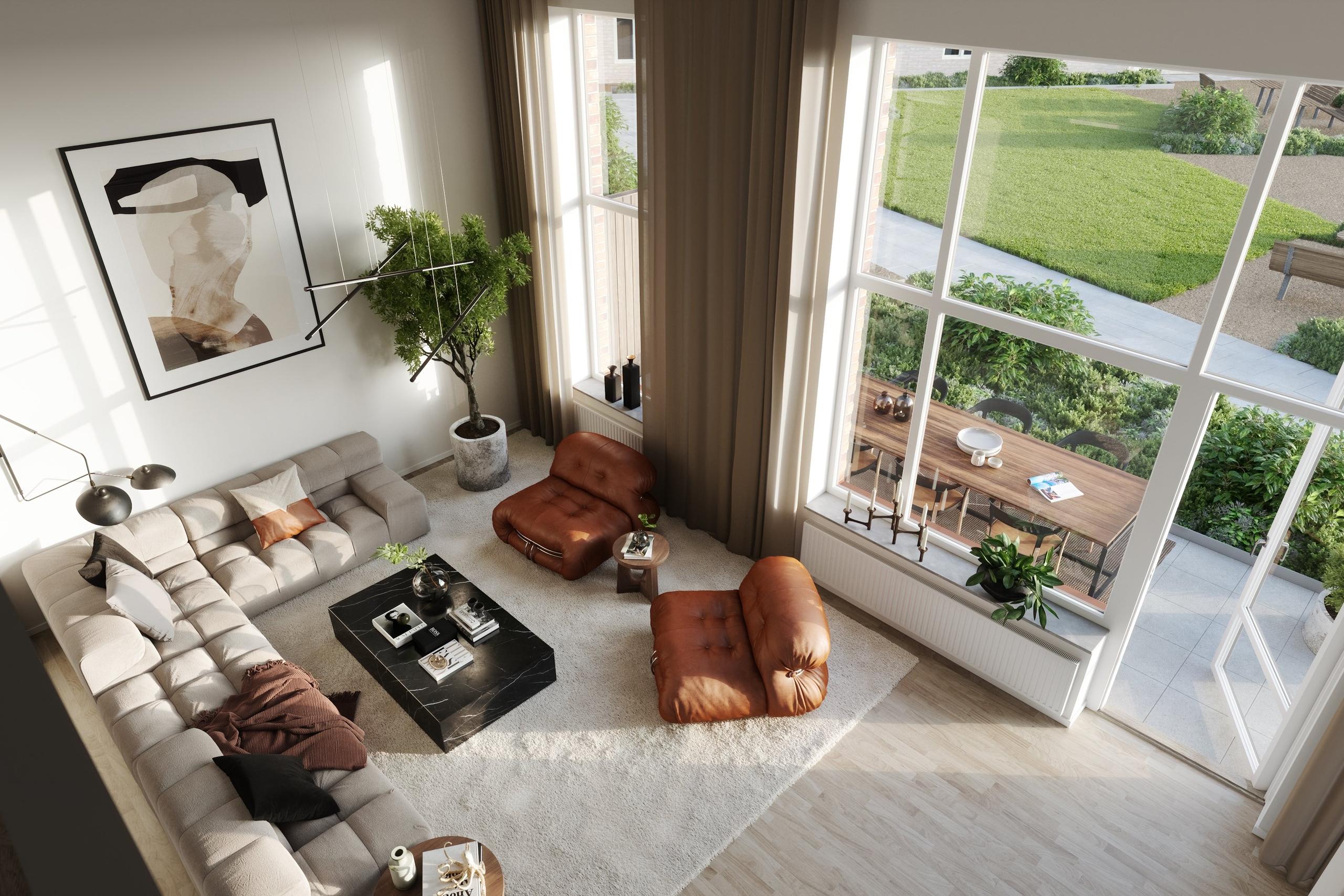 Denna loftlägenhet har ett stort, underbart fönsterparti och en härlig rymd med hela 4,60 meters takhöjd (visionsbild).