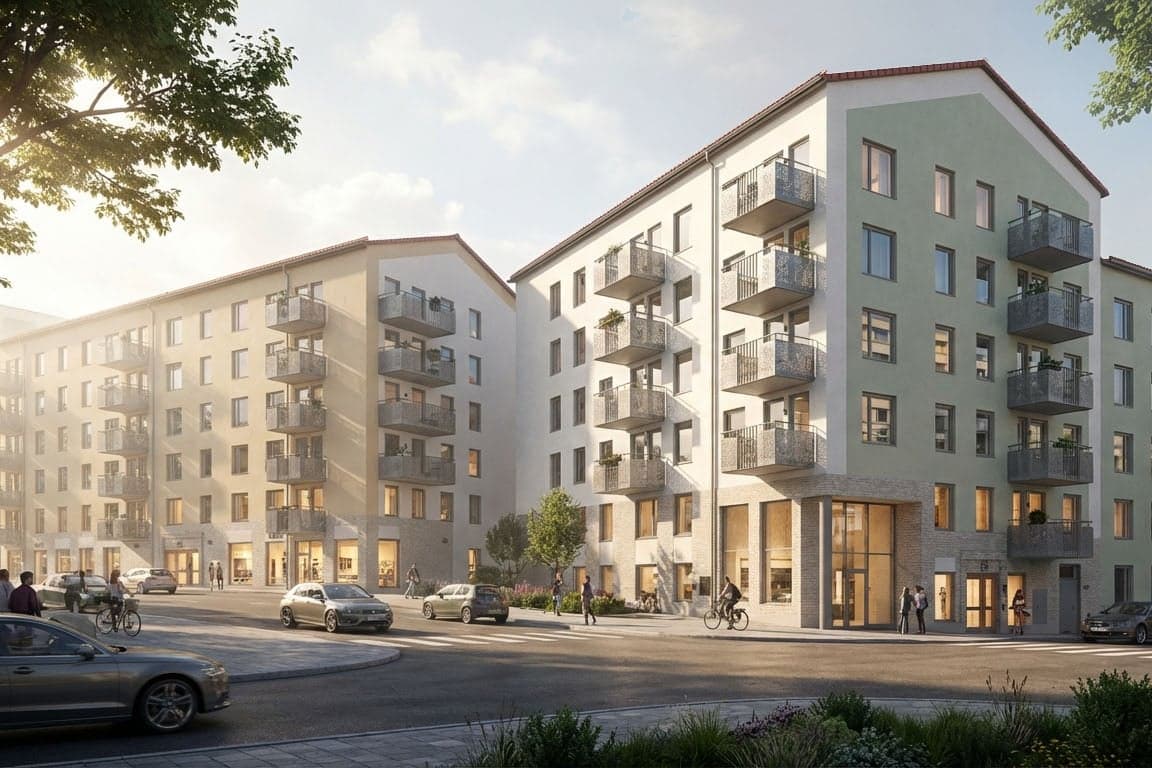 I kvarteret Stadsvakten bor du centralt i charmiga Bagarmossen, 150 meter från tunnelbanan (visionsbild).