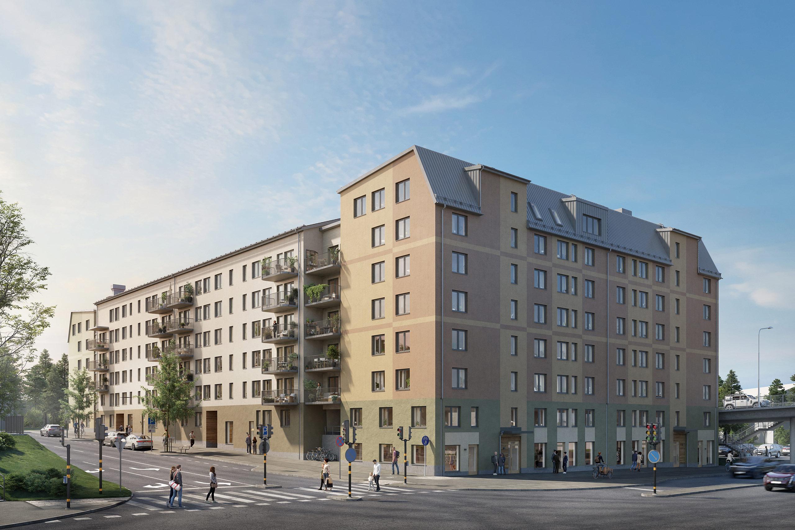 Modernt huskvarter med balkonger mot gatan.