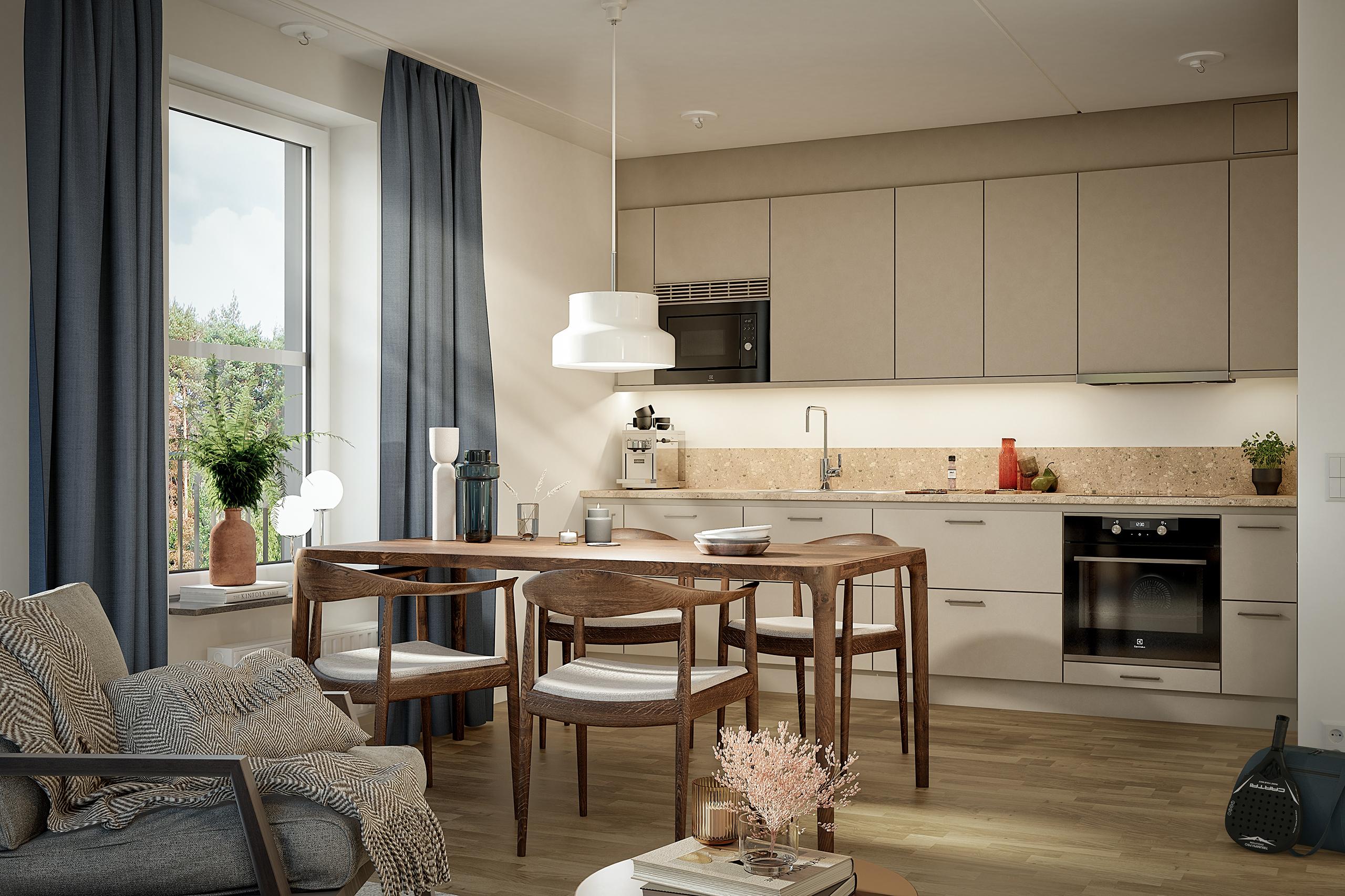 Intill Tyresö Centrum ligger Borätts kvarter Sander som omfattar 63 ljusa, nyproducerade bostadsrätter (visionsbild). 