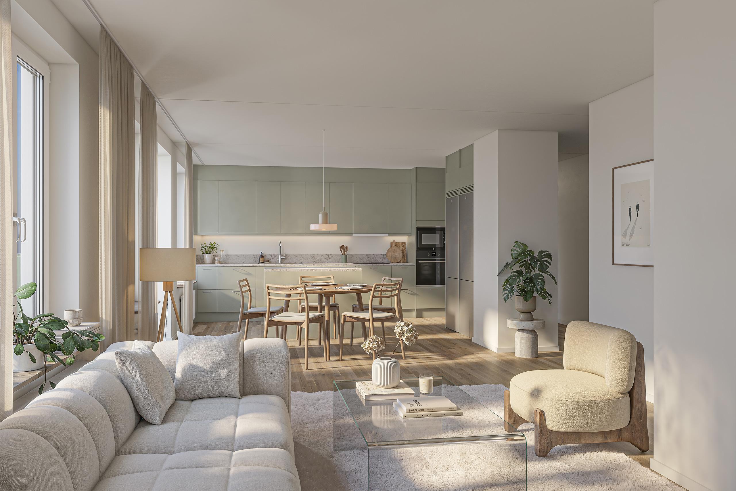 Kök och vardagsrum i ljusa toner i en öppen planlösning med stor soffgrupp och ett runt köksbord med fyra stolar.