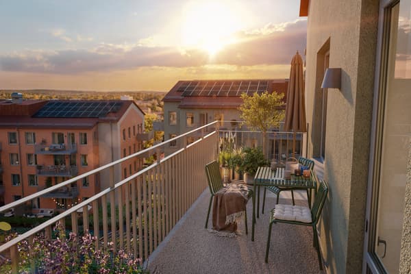 I kvarteret Stadsvakten bor du centralt i charmiga Bagarmossen, 150 meter från tunnelbanan (visionsbild).