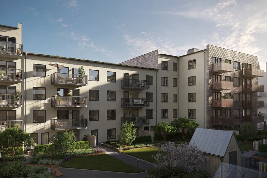 Grön innergård med skuggor av kvällssol.